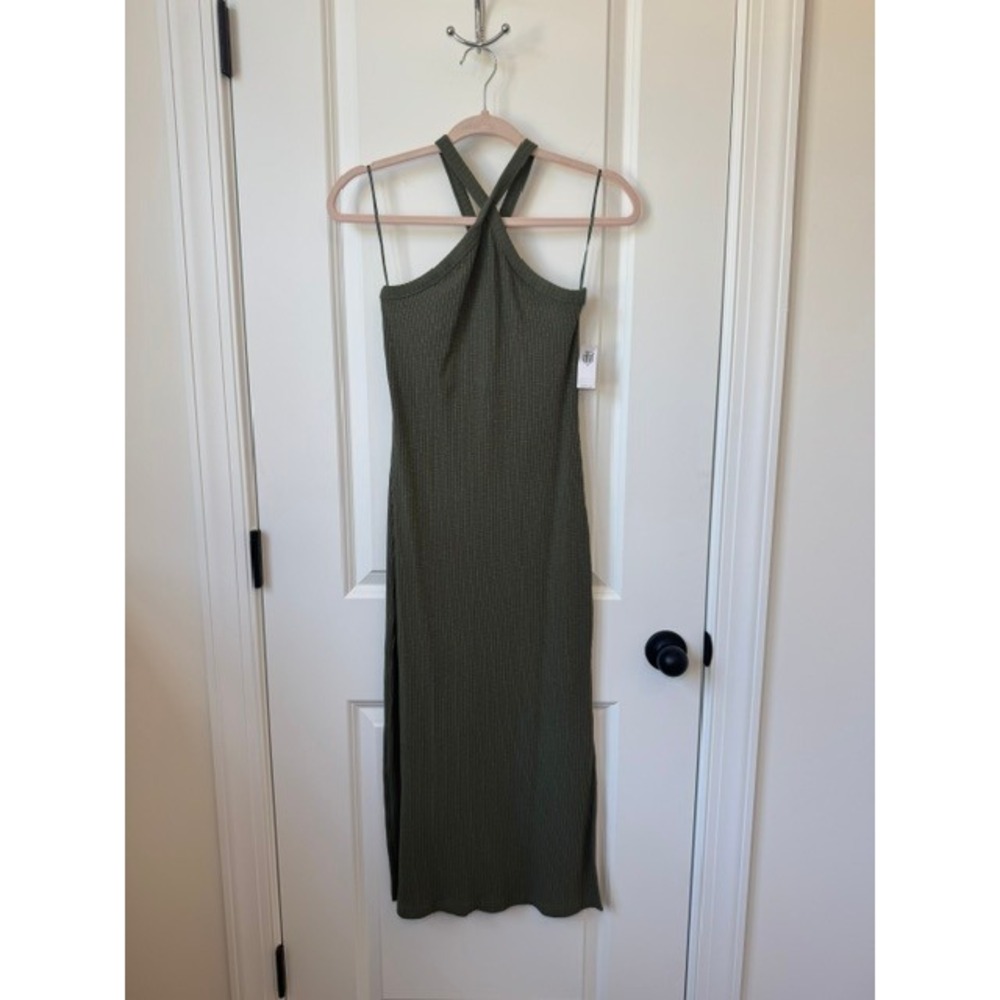 Old Navy Womens Ribbed Halter Midi Dress Olive Green Built-in Bra Size M NWT